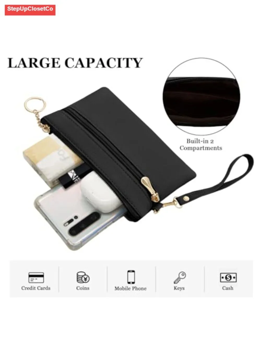 Large Capacity PU Leather Wristlet Wallet Clutch with Card Slots and Keychain